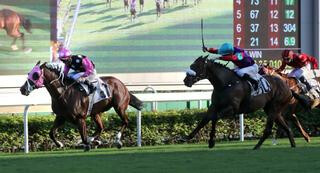 Beauty Generation (NZ) slowing clear dominance in the G2 Feature at Sha Tin. Photo: HKJC